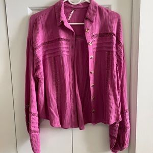 Free People Magenta Balloon Sleeve Button Down